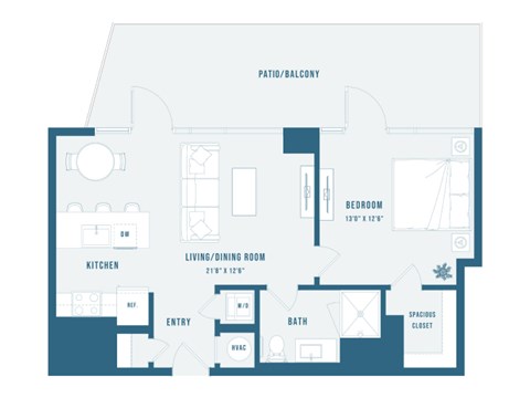 A floor plan of a home with a kitchen, living room, dining room, bedroom, bathroom, and spacious closet.
